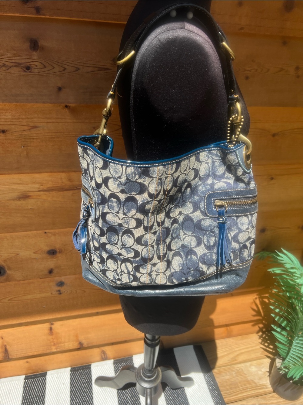 Vintage Coach Y2K Denim Blue Signature Print Shoulder Bag
